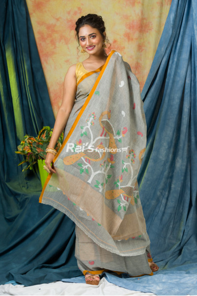 Handspun Charka Cotton Saree With Handweaving Fine Jamdani Work (KR243)